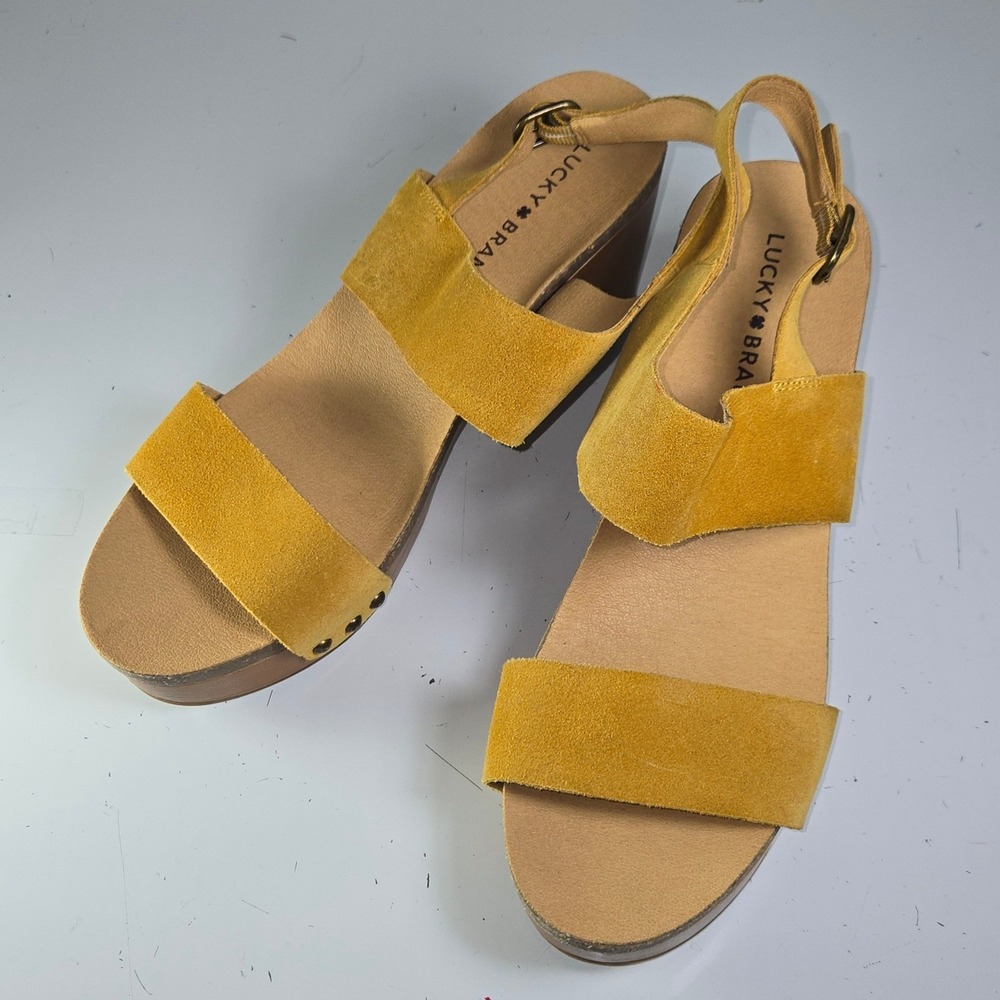 Lucky Brand Harimony Yellow Suede Platform Wedge Sandals Women's 8.5